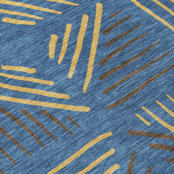 HomeRoots 8' Navy Blue and Gold Geometric Area Rug – Stylish, Washable, Indoor/Outdoor for High-Traffic Spaces 691030
