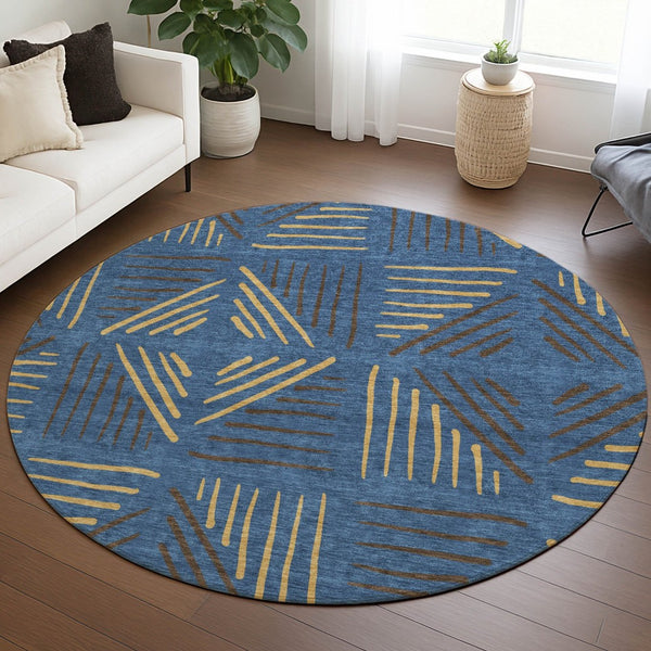 HomeRoots 8' Navy Blue and Gold Geometric Area Rug – Stylish, Washable, Indoor/Outdoor for High-Traffic Spaces 691030