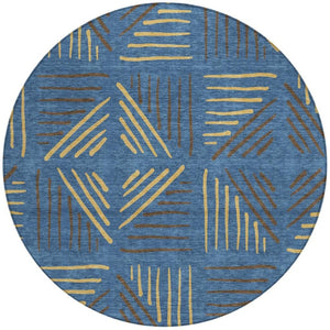 HomeRoots 8' Navy Blue and Gold Geometric Area Rug – Stylish, Washable, Indoor/Outdoor for High-Traffic Spaces 691030