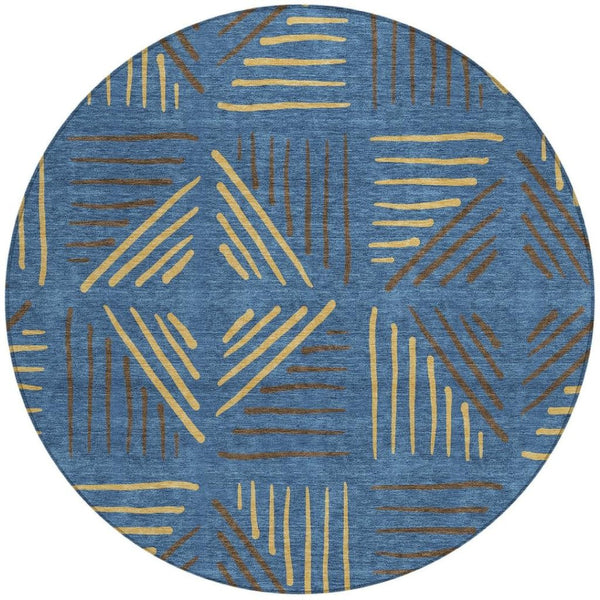 HomeRoots 8' Navy Blue and Gold Geometric Area Rug – Stylish, Washable, Indoor/Outdoor for High-Traffic Spaces 691030