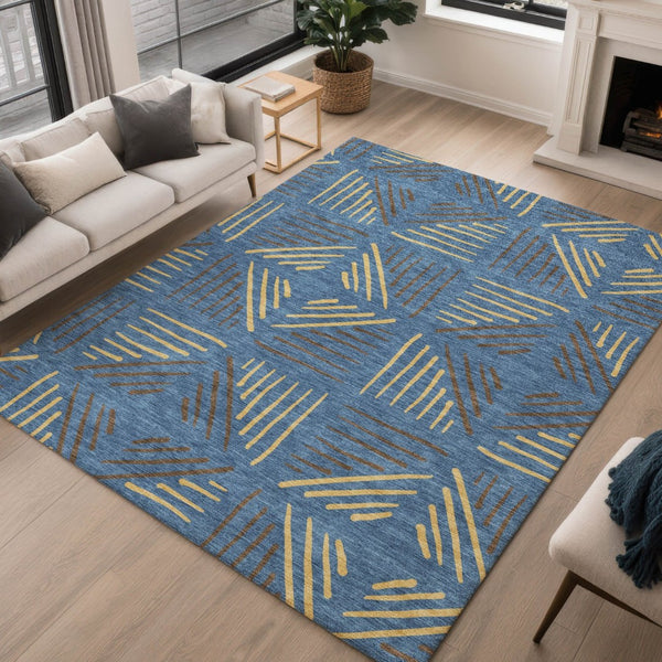 HomeRoots 10' Navy Blue and Gold Geometric Area Rug – Washable, Durable, Stylish for Indoor/Outdoor Spaces 691033
