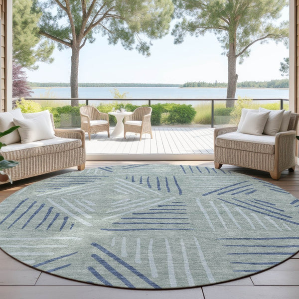 HomeRoots 8' Aqua and Blue Round Geometric Indoor-Outdoor Area Rug - Stylish, Durable, Washable & Versatile! 691036
