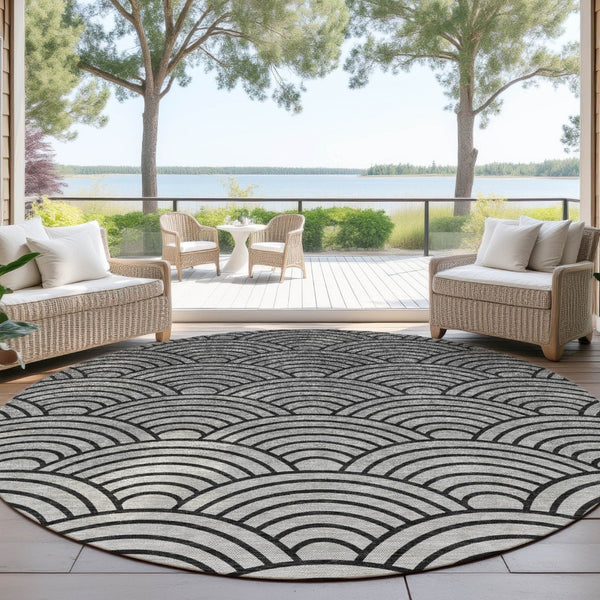 HomeRoots 8' Stylish Geometric Round Area Rug in Black, Silver & Gray - Washable for Indoor & Outdoor Use 691042