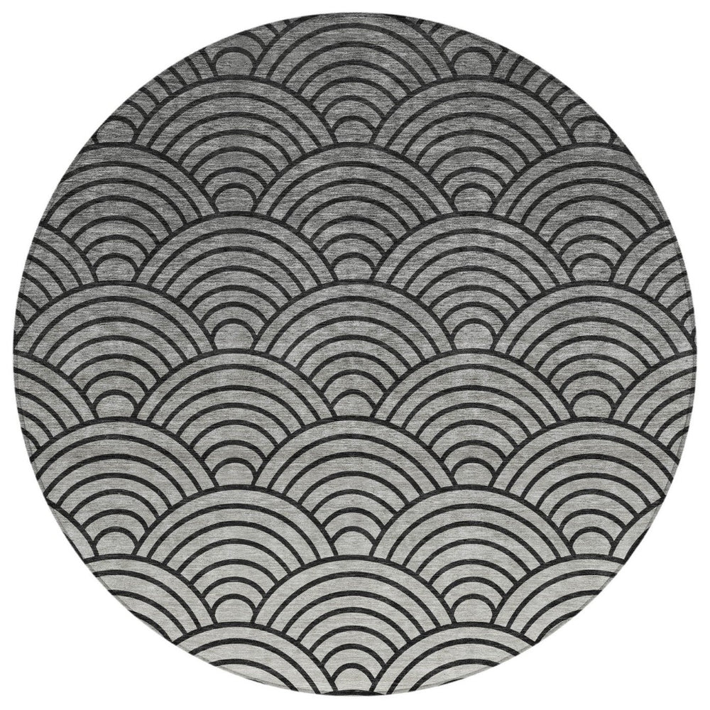 HomeRoots 8' Stylish Geometric Round Area Rug in Black, Silver & Gray - Washable for Indoor & Outdoor Use 691042