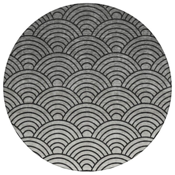 HomeRoots 8' Stylish Geometric Round Area Rug in Black, Silver & Gray - Washable for Indoor & Outdoor Use 691042