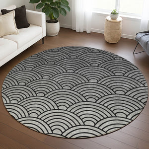 HomeRoots 8' Stylish Geometric Round Area Rug in Black, Silver & Gray - Washable for Indoor & Outdoor Use 691042