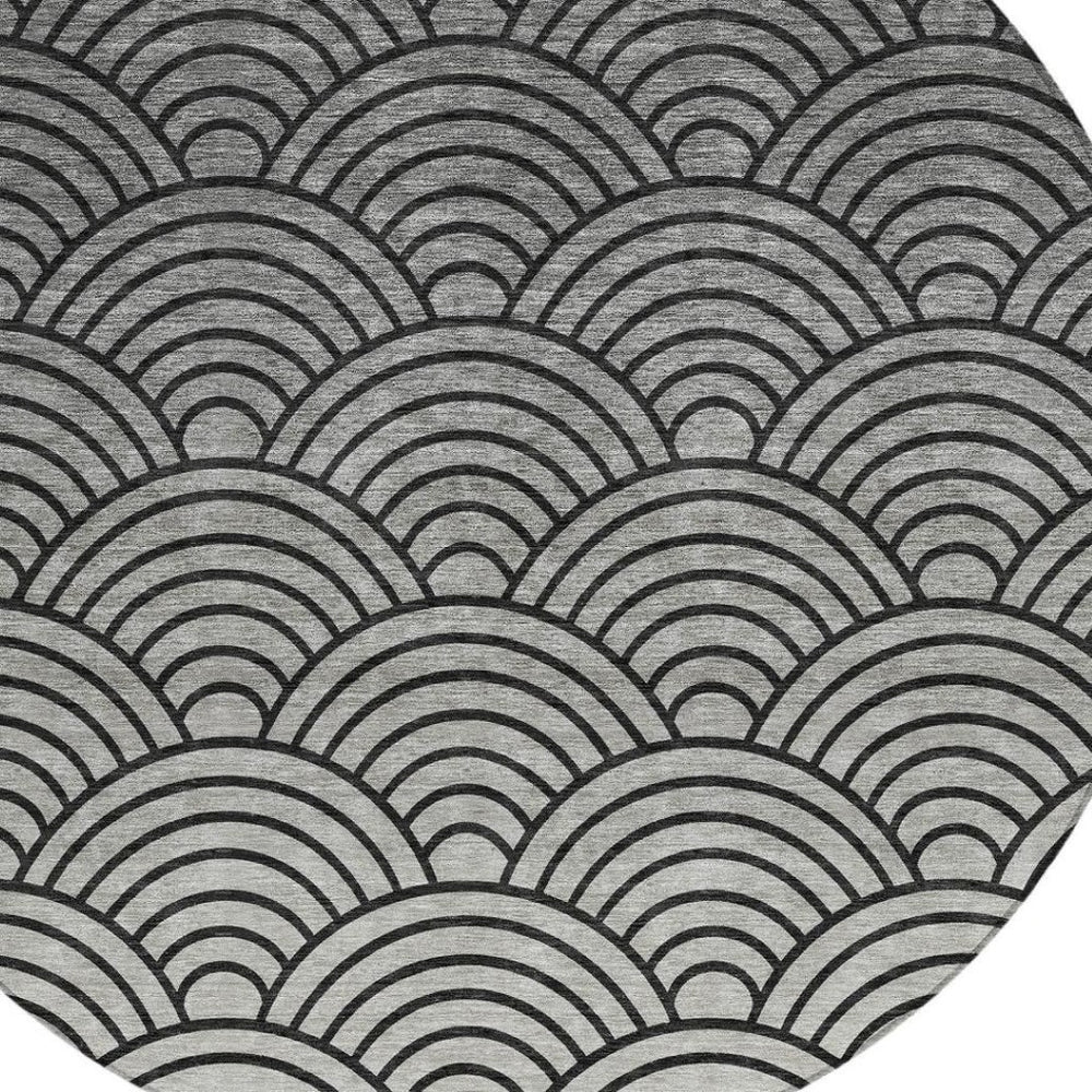 HomeRoots 8' Stylish Geometric Round Area Rug in Black, Silver & Gray - Washable for Indoor & Outdoor Use 691042