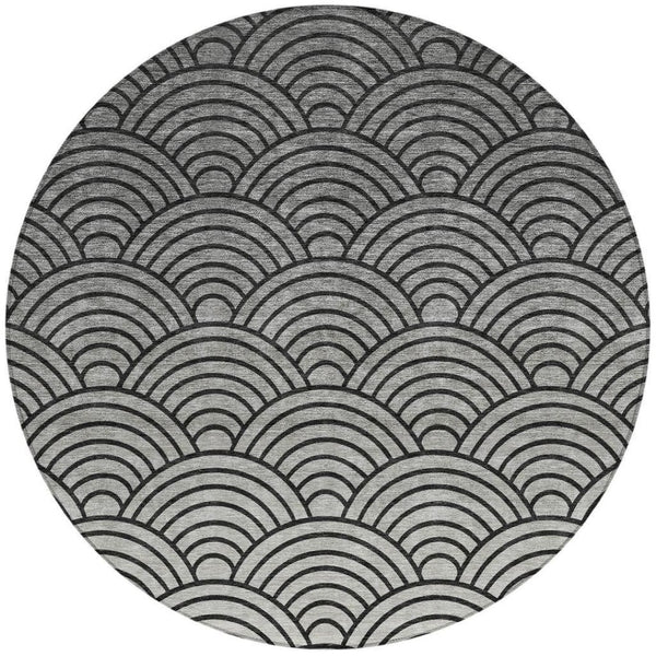HomeRoots 8' Stylish Geometric Round Area Rug in Black, Silver & Gray - Washable for Indoor & Outdoor Use 691042