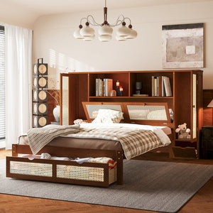 English Elm Twin Multifunctional Bed with Rattan Headboard Storage, Drawer & Shelves — Space-Saving Pine Design Walnut 50.4 L x 19.8 W x 5.5 H N733S241280D