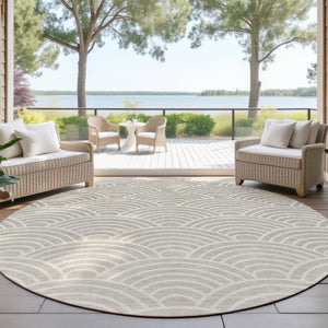 HomeRoots 8' Stylish Ivory, Beige & Brown Round Geometric Area Rug - Washable for Indoor & Outdoor Use! 691054