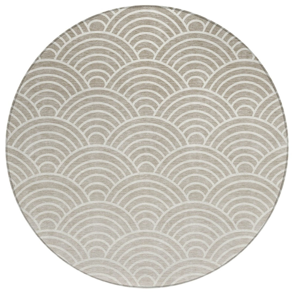 HomeRoots 8' Stylish Ivory, Beige & Brown Round Geometric Area Rug - Washable for Indoor & Outdoor Use! 691054