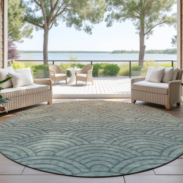 HomeRoots 8' Teal Blue & Orange Geometric Washable Round Area Rug - Stylish, Durable, Indoor & Outdoor Use 691060