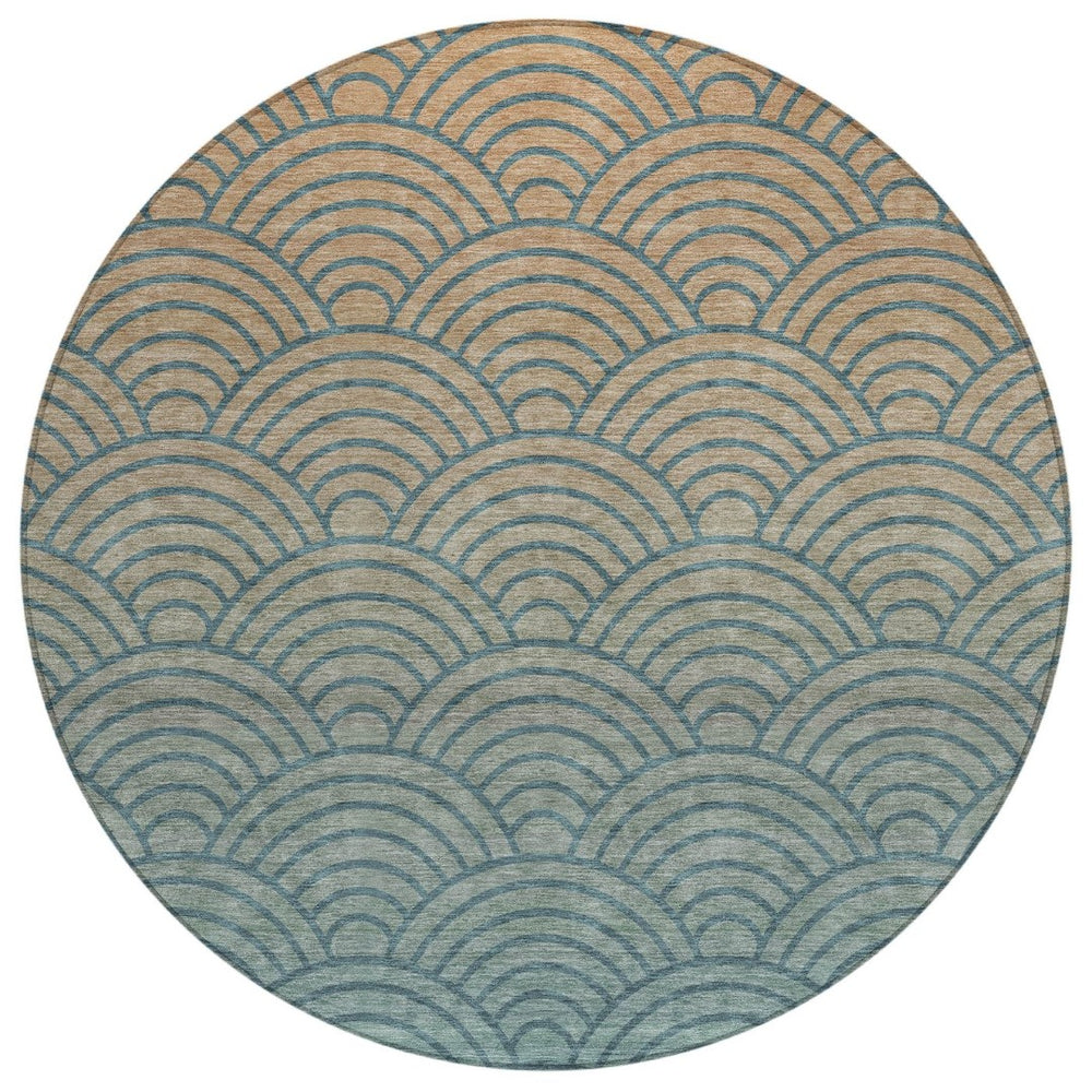 HomeRoots 8' Teal Blue & Orange Geometric Washable Round Area Rug - Stylish, Durable, Indoor & Outdoor Use 691060