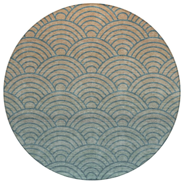 HomeRoots 8' Teal Blue & Orange Geometric Washable Round Area Rug - Stylish, Durable, Indoor & Outdoor Use 691060