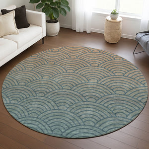 HomeRoots 8' Teal Blue & Orange Geometric Washable Round Area Rug - Stylish, Durable, Indoor & Outdoor Use 691060