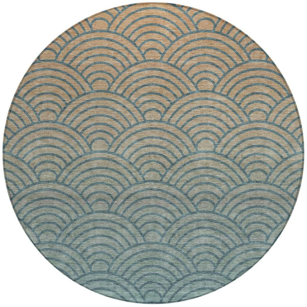 HomeRoots 8' Teal Blue & Orange Geometric Washable Round Area Rug - Stylish, Durable, Indoor & Outdoor Use 691060