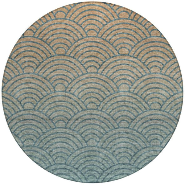 HomeRoots 8' Teal Blue & Orange Geometric Washable Round Area Rug - Stylish, Durable, Indoor & Outdoor Use 691060