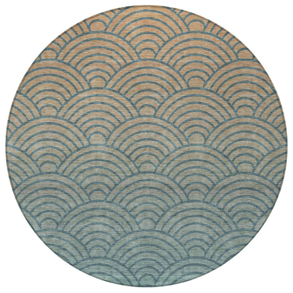 HomeRoots 8' Teal Blue & Orange Geometric Washable Round Area Rug - Stylish, Durable, Indoor & Outdoor Use 691060