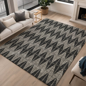 HomeRoots 5' Geometric Washable Area Rug in Black, Brown & Gray - Durable, Stylish for Indoor & Outdoor Use 691065