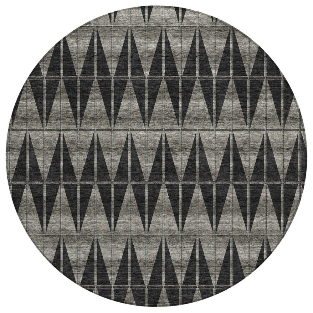 HomeRoots 8' Contemporary Round Geometric Area Rug in Black, Brown & Gray - Washable for Indoor/Outdoor Use 691066