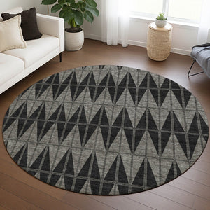 HomeRoots 8' Contemporary Round Geometric Area Rug in Black, Brown & Gray - Washable for Indoor/Outdoor Use 691066