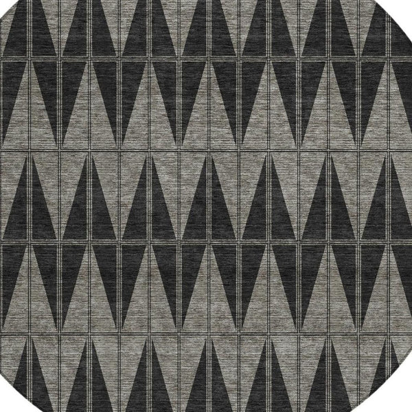HomeRoots 8' Contemporary Round Geometric Area Rug in Black, Brown & Gray - Washable for Indoor/Outdoor Use 691066