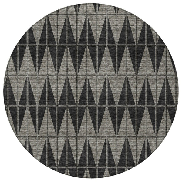 HomeRoots 8' Contemporary Round Geometric Area Rug in Black, Brown & Gray - Washable for Indoor/Outdoor Use 691066