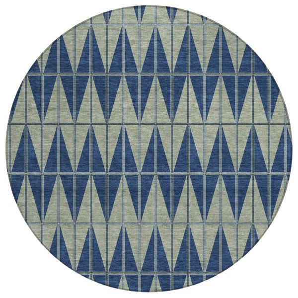 HomeRoots 8' Navy Blue and Beige Round Geometric Rug - Stylish, Washable, Indoor/Outdoor, Durable Design! 691084