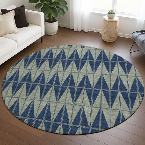 HomeRoots 8' Navy Blue and Beige Round Geometric Rug - Stylish, Washable, Indoor/Outdoor, Durable Design! 691084
