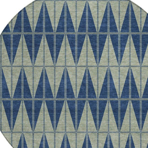 HomeRoots 8' Navy Blue and Beige Round Geometric Rug - Stylish, Washable, Indoor/Outdoor, Durable Design! 691084