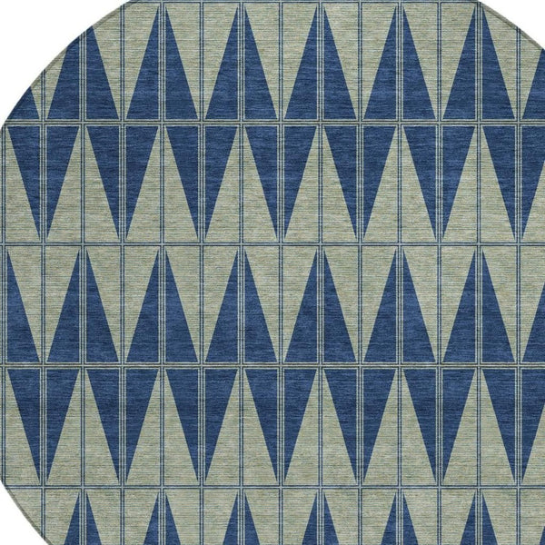 HomeRoots 8' Navy Blue and Beige Round Geometric Rug - Stylish, Washable, Indoor/Outdoor, Durable Design! 691084