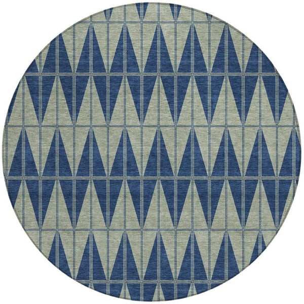 HomeRoots 8' Navy Blue and Beige Round Geometric Rug - Stylish, Washable, Indoor/Outdoor, Durable Design! 691084
