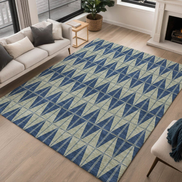 HomeRoots 10' Navy Blue and Beige Geometric Washable Area Rug - Durable Indoor/Outdoor Design for All Spaces! 691087