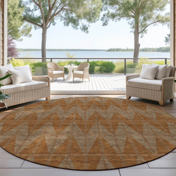 HomeRoots 8' Round Geometric Indoor Outdoor Area Rug in Rust & Beige - Stylish, Washable, Stain-Resistant Design 691090
