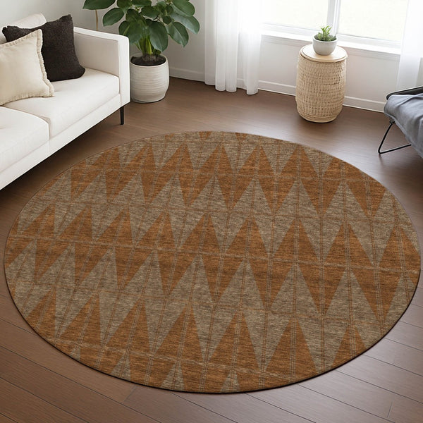 HomeRoots 8' Round Geometric Indoor Outdoor Area Rug in Rust & Beige - Stylish, Washable, Stain-Resistant Design 691090