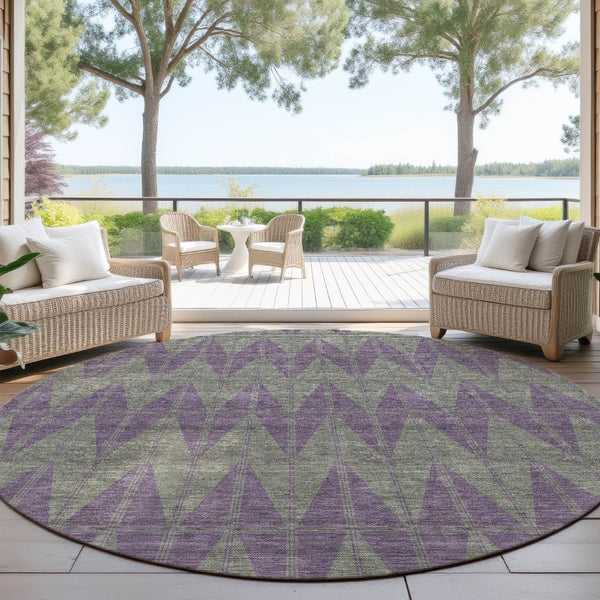 HomeRoots 8' Modern Plum and Sage Round Geometric Washable Area Rug for Indoor and Outdoor Use, Stylish & Durable 691096