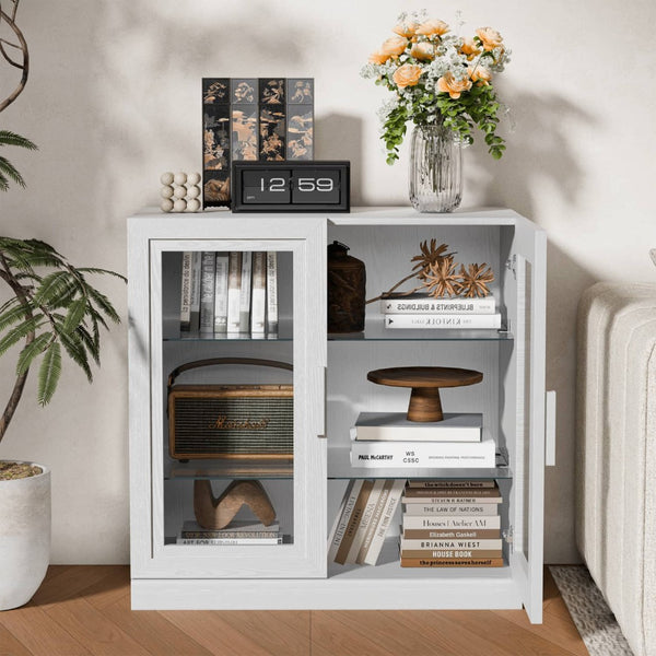 HomeRoots 31" White Wood Accent Cabinet - Stylish Glass Doors & Versatile Storage for Modern Living Spaces 691105
