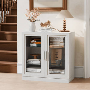 HomeRoots 31" White Wood Accent Cabinet - Stylish Glass Doors & Versatile Storage for Modern Living Spaces 691105