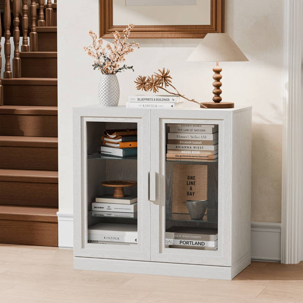 HomeRoots 31" White Wood Accent Cabinet - Stylish Glass Doors & Versatile Storage for Modern Living Spaces 691105