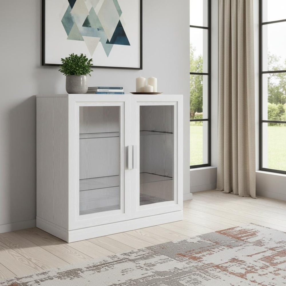 HomeRoots 31" White Wood Accent Cabinet - Stylish Glass Doors & Versatile Storage for Modern Living Spaces 691105