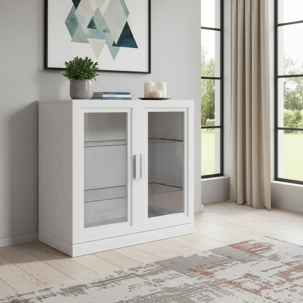 HomeRoots 31" White Wood Accent Cabinet - Stylish Glass Doors & Versatile Storage for Modern Living Spaces 691105
