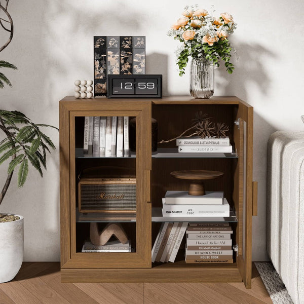 HomeRoots 31" Brown Wood Accent Cabinet - Stylish Storage Solution with Glass Doors for Modern Home Decor 691106