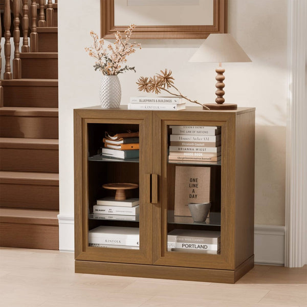 HomeRoots 31" Brown Wood Accent Cabinet - Stylish Storage Solution with Glass Doors for Modern Home Decor 691106
