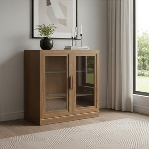 HomeRoots 31" Brown Wood Accent Cabinet - Stylish Storage Solution with Glass Doors for Modern Home Decor 691106