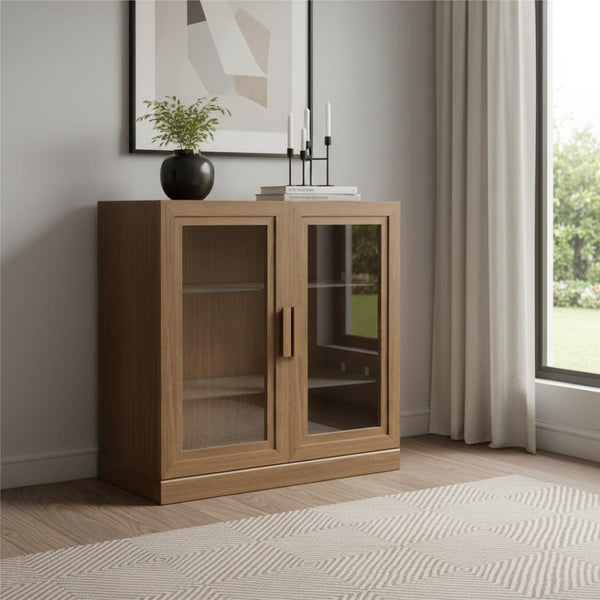 HomeRoots 31" Brown Wood Accent Cabinet - Stylish Storage Solution with Glass Doors for Modern Home Decor 691106