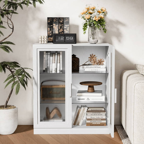 HomeRoots 31" White Wood Accent Cabinet - Stylish Glass-Front Storage for Living Room, Entryway & Home Office 691109