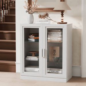 HomeRoots 31" White Wood Accent Cabinet - Stylish Glass-Front Storage for Living Room, Entryway & Home Office 691109