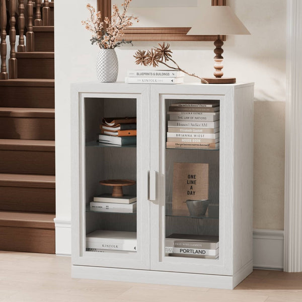 HomeRoots 31" White Wood Accent Cabinet - Stylish Glass-Front Storage for Living Room, Entryway & Home Office 691109