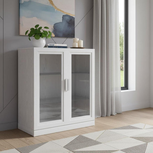 HomeRoots 31" White Wood Accent Cabinet - Stylish Glass-Front Storage for Living Room, Entryway & Home Office 691109