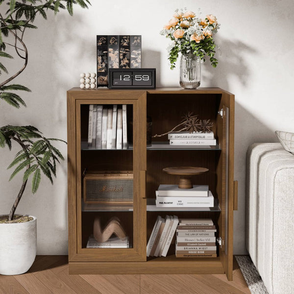 HomeRoots 31" Brown Wood Accent Cabinet – Stylish Storage Solution with Glass Doors for Home & Office Décor 691110